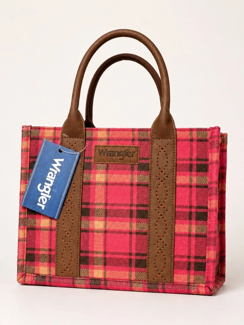 NWT Wrangler Pink Plaid Tote Crossbody Bag Canvas PU Guitar Strap Western Tartan